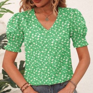 Green floral V-neck blouse; puff sleeves; buttons